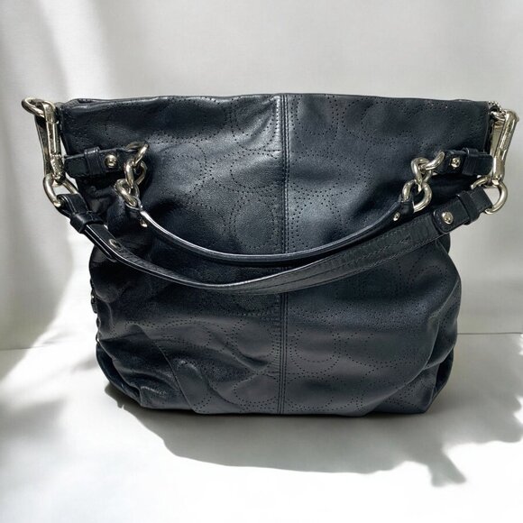 Brooke Perforated Leather Convertible Hobo Shoulder Bag Black 13" x 12" #16908 - Picture 3 of 11